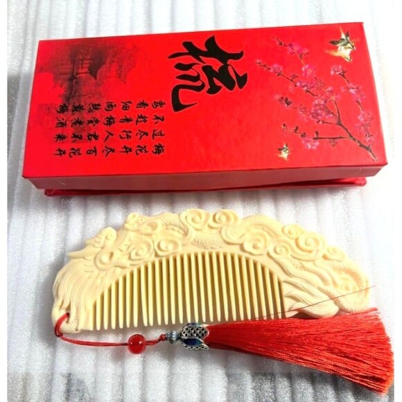 Carved Ivory Fruit Dragon or Goddess Comb with Tassel - Your Choice of Colors - Picture 10 of 12